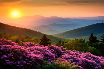 Plakat beautiful sunset landscape with mountains and flowers. generative ai