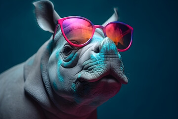 Funny rhinoceros wearing sunglasses in studio with a colorful and bright background. Generative AI