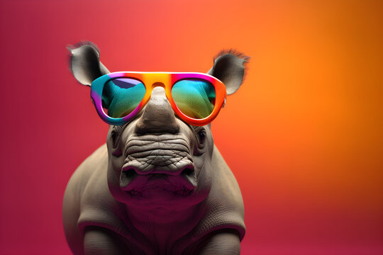 Funny rhinoceros wearing sunglasses in studio with a colorful and bright background. Generative AI