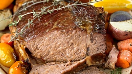 Savory Delight: Exquisite Close-up of Roasted Beef with Bone and Flavorful Vegetables