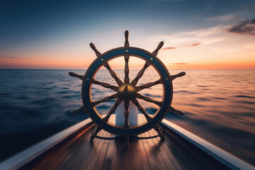 ship wheel on boat with sea and sky. freedom and adventure. direction concept. generative ai - obrazy, fototapety, plakaty