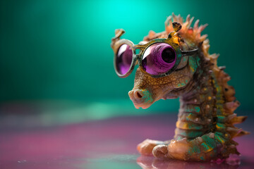 Funny seahorse wearing sunglasses in studio with a colorful and bright background. Generative AI - obrazy, fototapety, plakaty