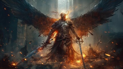 The Fallen Angel of Death - Lucifer with Glowing Fire Wings, Brought to Life by Generative AI - obrazy, fototapety, plakaty