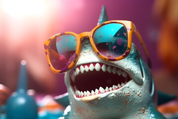Funny shark wearing sunglasses in studio with a colorful and bright background. Generative AI