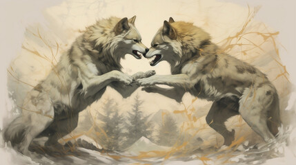 illustration of wolves fighting each other in the wild. Generative AI