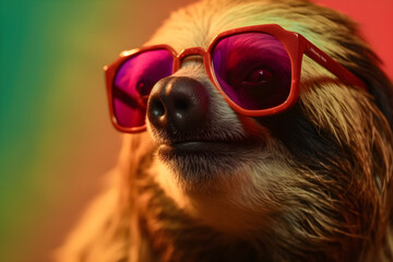 Funny sloth wearing sunglasses in studio with a colorful and bright background. Generative AI