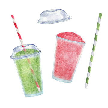 Set of green and red summer slushies in plastic cup with straw. Watercolor illustration isolation on transparent.