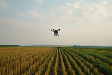 Drone Flying over Green Corn Field. Farming and Agriculture Technology Concept. Generative AI illustrations.