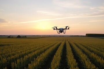Drone Flying over Green Corn Field. Farming and Agriculture Technology Concept. Generative AI illustrations.