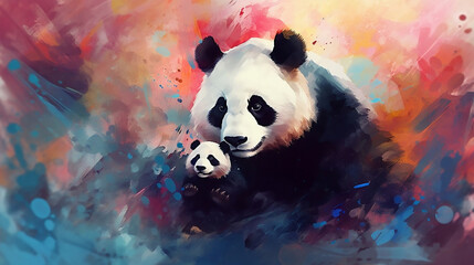 Naklejka premium A panda with her baby panda showing love, abstract illustration. Generative AI
