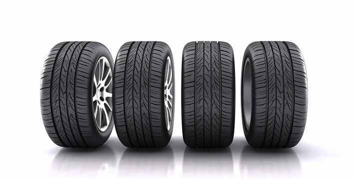 Close-Up of Car Tyres and Wheels, Isolated on White Background, Generative AI