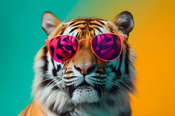 Funny tiger wearing sunglasses in studio with a colorful and bright background. Generative AI