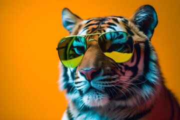 Funny tiger wearing sunglasses in studio with a colorful and bright background. Generative AI