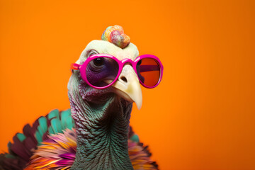 Funny turkey wearing sunglasses in studio with a colorful and bright background. Generative AI