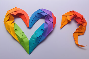 Colorful origami heart made from paper on a grey background.