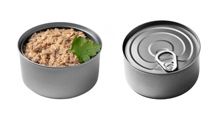 Tin can with tuna fillet isolated on white background, diet food, product in stock, food stocks