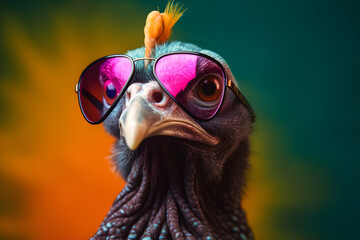 Funny turkey wearing sunglasses in studio with a colorful and bright background. Generative AI - obrazy, fototapety, plakaty