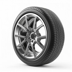 Close-Up of Alloy Wheel with Tyre, Isolated on White Background, Generative AI