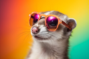 Funny weasel wearing sunglasses in studio with a colorful and bright background. Generative AI