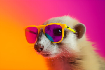 Funny weasel wearing sunglasses in studio with a colorful and bright background. Generative AI
