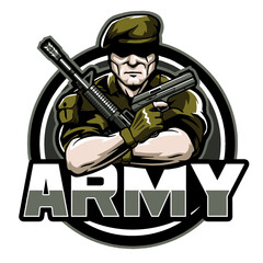 military army soldier of fortune with gun and pistol, vector, logo, cartoon, mascot, character, illustration