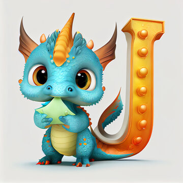A cute baby dragon holding the letter J, generative ai illustration