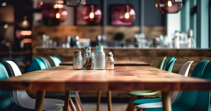 wooden table in the restaurant with furniture blurred background