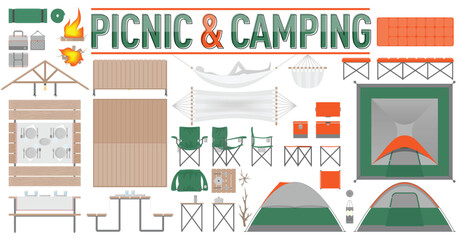 Picnic and Camping Vector Set with Top, Front and Side views of Camping Items and Picnic Furniture - obrazy, fototapety, plakaty