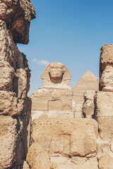 A closeup of the face of the Great Sphinx with pyramid in the background on a beautiful blue sky...
