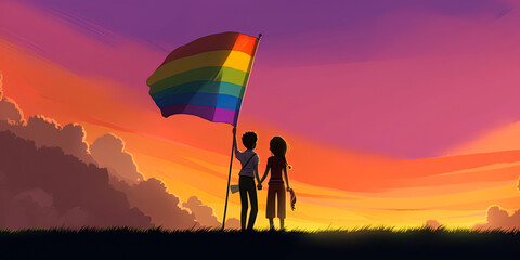 Two youngindividuals gay activist holding hands and rainbow flag at sunset. Homosexual, gay, lesbian concept. Generative Ai illustration