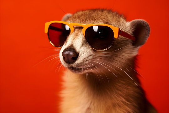 Funny weasel wearing sunglasses in studio with a colorful and bright background. Generative AI