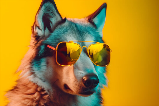 Funny wolf wearing sunglasses in studio with a colorful and bright background. Generative AI