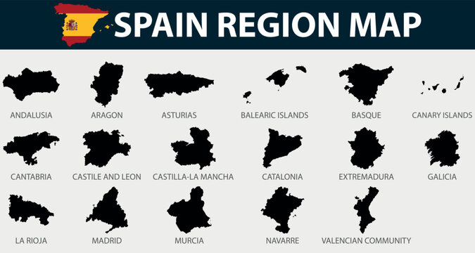 Map of  Spain set region outline silhouette graphic element Illustration template design
