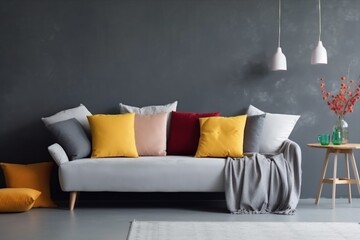 interior background lifestyle luxury cushion simple house pillows living comfortable concrete. Generative AI.