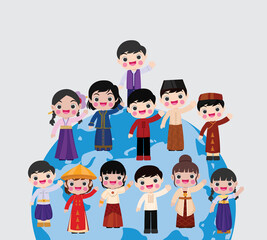 national people of different races and colors holding hands and standing on the globe, the planet. color vector illustration on white background