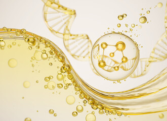 Cosmetic moisturizing liquid Molecule inside Bubble with DNA , Oil serum or lotion 3d illustration.
