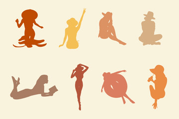 A silhouette set of beautiful girls on beach in brown yellow orange colors with hat and swimsuit on yellow background for webs posters cards