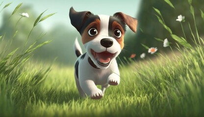 Cute Cartoon Jack Russell Terrier Dog Running through a Meadow. Generative AI.