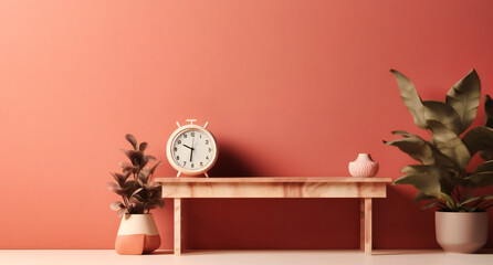 a wooden desk with a clock and a potted plant