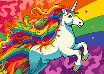 White unicorn symbol of lgbt gay community in Rainbow flag colors. Ai Generative illustration