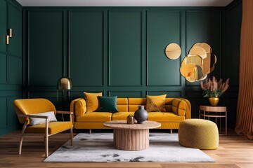 interior background simple lamp space house decoration green sofa lounge room. Generative AI.