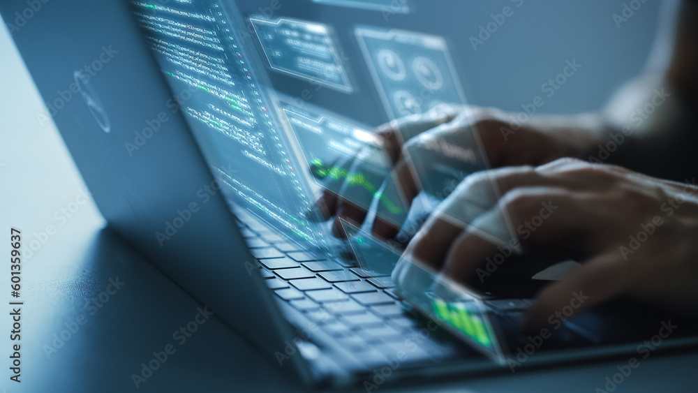 Fototapete Software Programmer Working on Computer, Engineering Neural Network, Creating Machine Learning App, Doing Big Data Analysis, and Optimizing AI. Edited Hologram Overlayes Screen. Focus on Hands