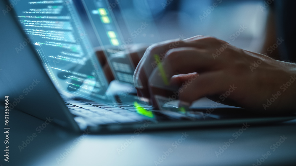 Aufkleber Software Programmer Working on Computer, Engineering Neural Network, Creating Machine Learning App, Doing Big Data Analysis, Optimizing AI. Edited Projection Overlayes Screen. Focus on Hands