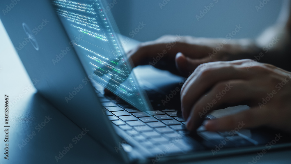 Aufkleber Software Programmer Working on Computer, Engineering Neural Network, Creating Machine Learning App, Doing Big Data Analysis, and Optimizing AI. Edited Projection Overlayes Screen. Focus on Hands