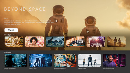 Interface of Streaming Service Website. Online Subscription Offers TV Shows, Realities, Fiction Films. Screen Replacement for Desktop PC and Laptops With Featured Science Fiction Television Show.