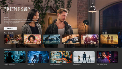 Interface of Streaming Service Website. Online Subscription Offers TV Shows, Realities, Fiction Films. Screen Replacement for Desktop PC and Laptops With Featured Sitcom Comedy Television Show. - obrazy, fototapety, plakaty