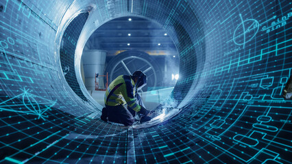 Industrial 4.0 Digital Visualization: Heavy Industry Welder Working, Welding Inside Pipe....