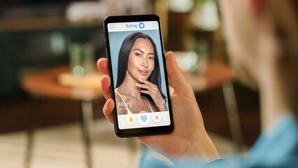 POV Dating App Concept: Person Uses Smartphone for Browsing Social Media Dating Application. Person Swiping, Searching For Partner In Life. Lonely User Finding True Love Online Concept.