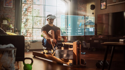 Virtual Reality Metaverse Futuristic Home Gym: Man Exercising on Row Machine Wearing Virtual Reality Headset, Infographics With Health Care Statistics and Graphs. Sportsman Using VR Workout Service