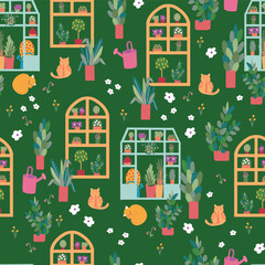 Green Colorful Blooming greenhouse seamless vector pattern. Greenhouse with plants, flowers, and cats.